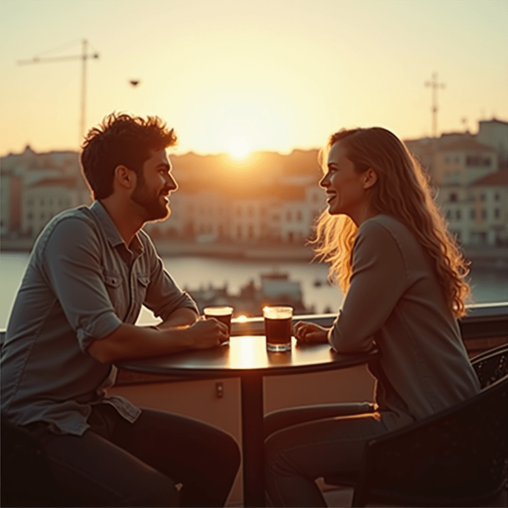 Two travelers meeting at a rooftop cafe in Lisbon at golden hour